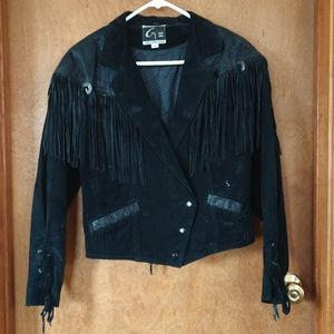 Black Leather Suede Waist Jacket Fringe Trim Satin Lining 1980s Vintage Lace Up